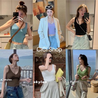 Cicishop(พร้อมส่ง)เสื้อกล้ามสายเดี่ยวไหมพรมแต่งเส้นหน้าอก คอวีสีพื้นเซ็ทง่าย(73331)