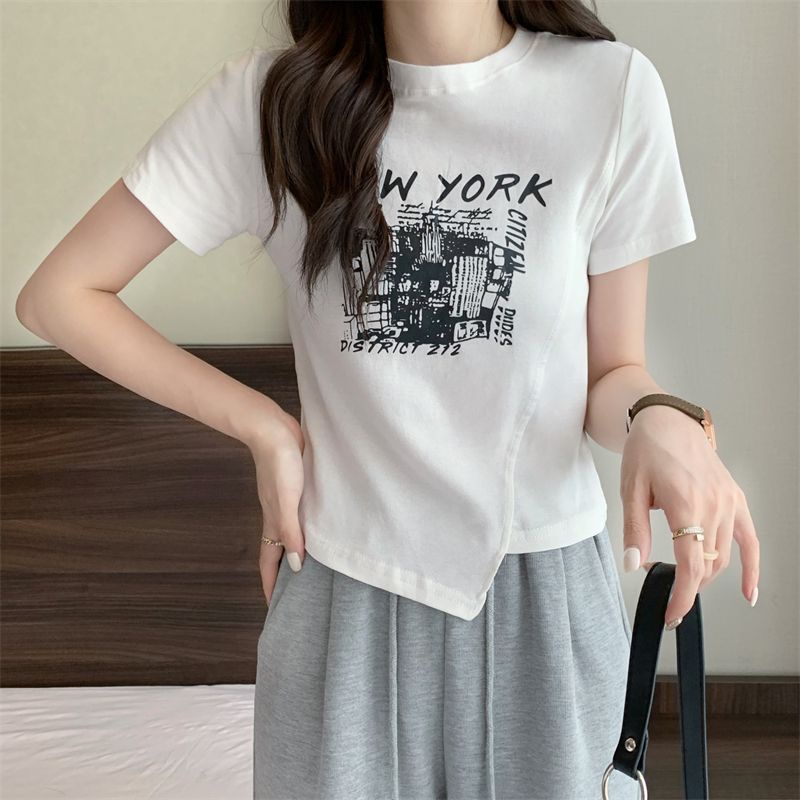 พร้อมส่ง-เสื้อครอปสาวอวบ-แฟชั่นฤดูร้อน-เสื้อผ้าสไตล์เกาหลี-เสื้อยืดสกรีนลายผู้หญิงน่ารัก-สวยๆ-crop-top-เอวลอย-ไม่ต้องรีด