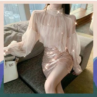 ชุดเที่ยวกลางคืน เดรสกลิตเตอร์ ฤดูใบไม้ร่วงและฤดูหนาวใหม่เสื้อลูกไม้เสื้อปักเลื่อมแพคเกจสะโพกกระโปรงสุทธิชุดอารมณ์เทพธิดาแบบตะวันตกสองชิ้น