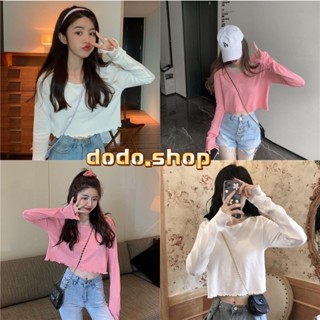 DODO🌟พร้อมส่ง🌟เสื้อครอปคอกลม แขนยาว ขอบหยัก สวยแบบเรียบง่าย (6032-2)