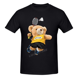 ถูกที่สุด Bear Playing Badminton T shirt Harajuku Clothing Short Sleeve T-shirt 100% Cotton Graphics Tshirt Tee Tops