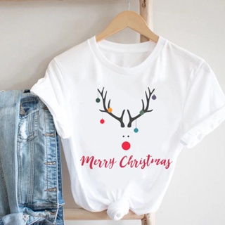 เสื้อยืดคริสต์มาส  New Year  Reindeer Santa Claus Tshirt Merry Christmas  Tshirt Graphic Tees Travel T-shirts Womenเสื้อ