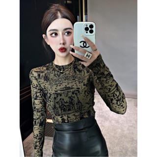 เสื้อแขนยาว ผ้ายืด สีเขียวมะกอก แฟชั่นฤดูใบไม้ร่วง และฤดูหนาว สําหรับผู้หญิง 2022