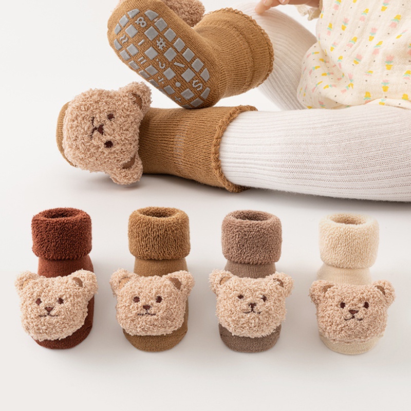 ถุงเท้าเด็กแรกเกิด-terry-piled-หนา-เด็กวัยหัดเดิน-ถุงเท้าการ์ตูนหมี-เด็กทารก-หลอดกลาง-กันลื่น-ถุงเท้าพื้น