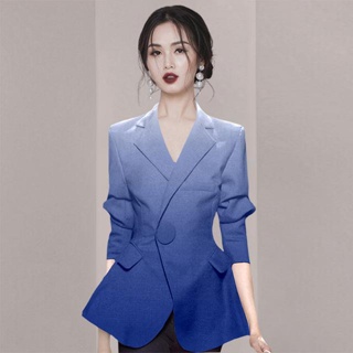 เสื้อแจ็กเก็ตสูท เอวแคบ สีฟ้า สไตล์เกาหลี ฝรั่งเศส เหมาะกับฤดูใบไม้ร่วง และฤดูหนาว สําหรับผู้หญิง