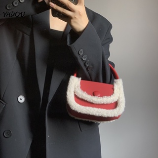YADOU ขนแกะเย็บกระเป๋ามินิร่อซู้ลผู้หญิงกระเป๋าถือขนาดเล็กสีแดงปีใหม่สไตล์ร้อนแรง
