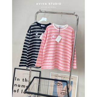 Aviva studio 🍒 เสื้อเเขนยาวลายริ้วสายเกาหลี อกปักเชอรี่