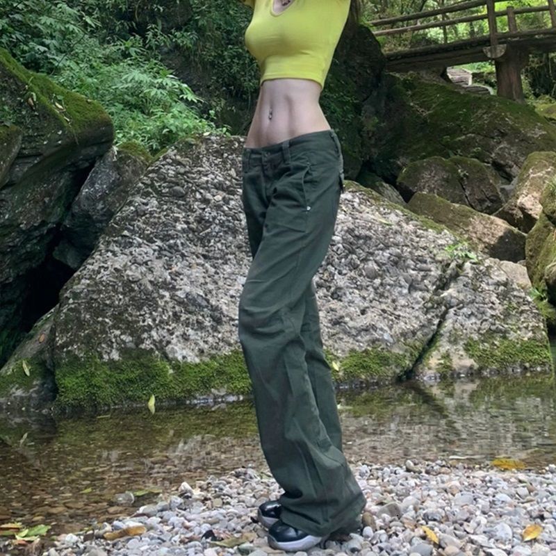 กางเกงขายาวหญิง-กางเกงยีนทรงกระบอกผู้หญิง-กางเกงคาร์โก้ยีนส์สีเขียวทหาร