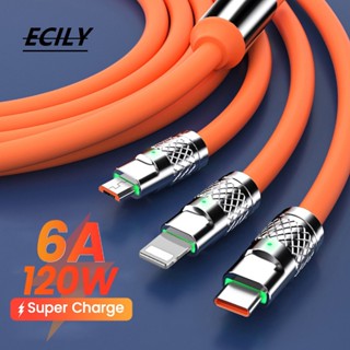 Ecily 3in1 สายเคเบิล 6A 120W USB Type C สําหรับ iPhone USB A เป็น Type-C 8-pin Micro USB สําหรับ Huawei OD6.0