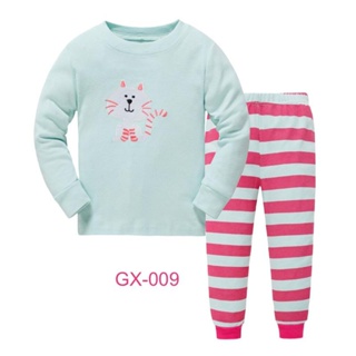 L-HUGX-009 ชุดนอนเด็กหญิง แนวเข้ารูป Slim Fit ผ้า Cotton 100% เนื้อบาง สีเขียว ลายแมว