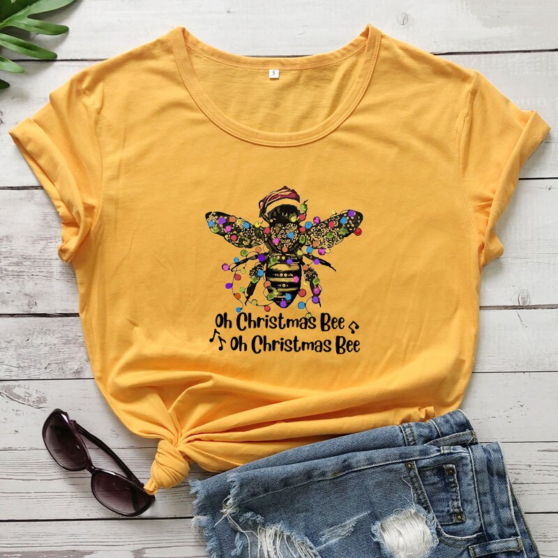 oh-christmas-bee-colored-t-shirt-women-graphic-holiday-gift-tshirt-winter-short-sleeve-xmas-tee-topเสื้อยืดผู้หญิง
