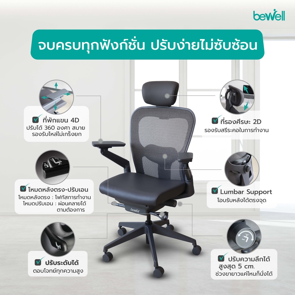 Bewell Enclose เก้าอี้เพื่อสุขภาพ Ergonomic ระบายอากาศ รุ่นพรีเมียม Enclose เก้าอี้สีดำ เก้าอี้ทำงาน เบาะนุ่ม สบาย x2 ซัพพอร์ตหลังล่างได้ดีเยี่ยม