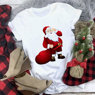 เสื้อยืดคริสต์มาส   Christmas Reindeer ed Top Tshirt New Year Santa Claus T-shirt Short Sleeve Tee  Female Womenเสื้อคู่