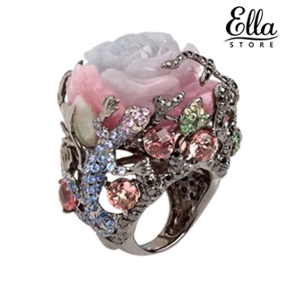 Ellastore123 เครื่องประดับผู้หญิง แหวนฝังพลอยเทียม ลายดอกไม้ ดอกโบตั๋น จิ้งจก