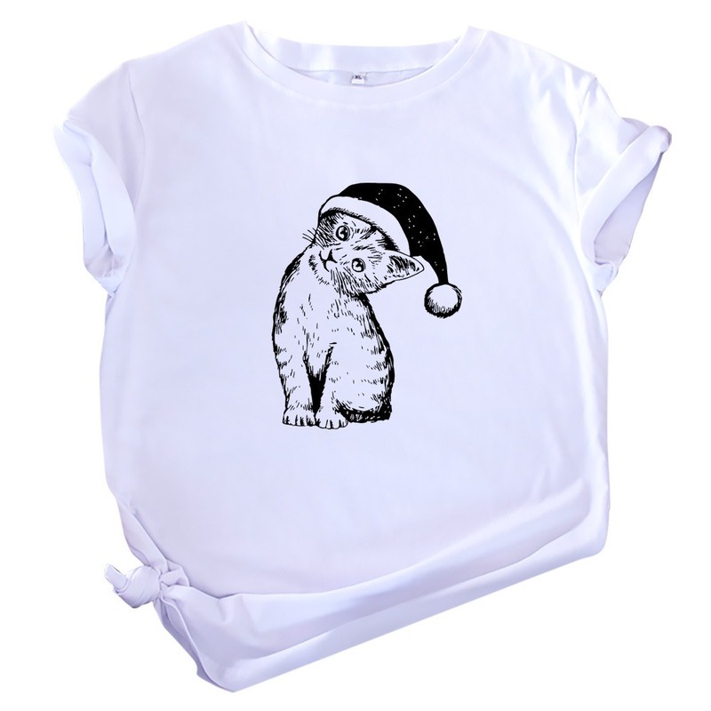 เสื้อยืดคริสต์มาส-women-men-top-christmas-cat-cotton-short-sleeve-tee-tshirt-o-neck-t-shirt