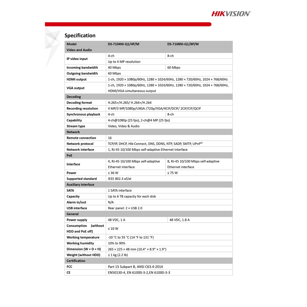 hikvisionเครื่องบันทึกกล้องวงจรปิดip-ds-7104ni-q1-4p-mระบบ-poeจ่ายไฟจากเครื่องไปที่กล้องแต่ละตัวโดยตรง-รองรับกล้องมีไมค์