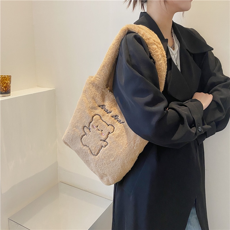 amila-ความจุขนาดใหญ่กระเป๋าหิ้วตุ๊กตาหวานญี่ปุ่นสีทึบหมีรูปแบบกระเป๋าสะพายไหล่นักเรียน