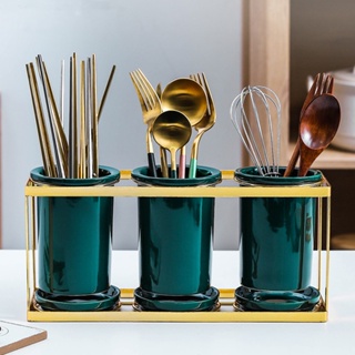 Nordic Emerald Ceramic Chopstick Holder Household Spoon Chopstick Cage Storage Box Drain Chopsticks Basket Chopstick Rac