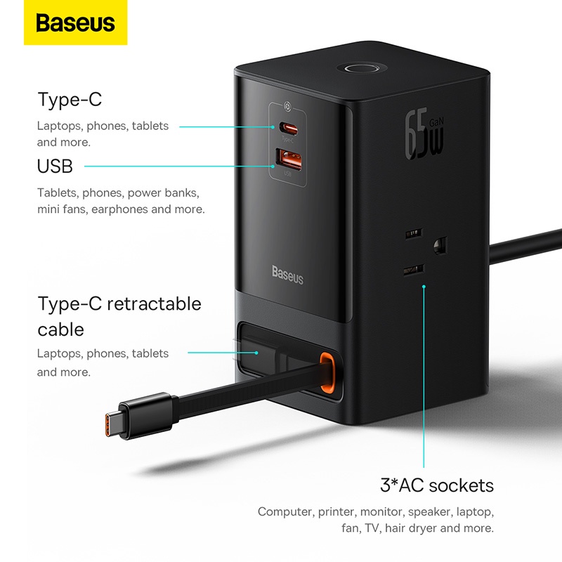 baseus-รางปลั๊กไฟดิจิทัล-65w-ควบคุมแบบสัมผัส-3ac-ซ็อกเก็ต-type-c-สายเคเบิลพับเก็บได้-gan-สถานีชาร์จเร็ว-สําหรับแล็ปท็อป-iphone14