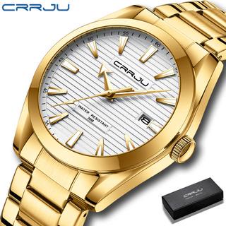 Crrju นาฬิกาข้อมือควอตซ์แฟชั่น สายแสตนเลส กันน้ํา สีทอง หรูหรา สําหรับบุรุษ 5006