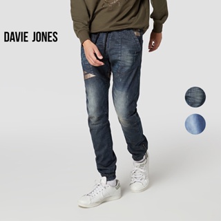 DAVIE JONES กางเกงจ็อกเกอร์ ยีนส์ เอวยางยืด ขาจั๊ม สีฟ้า สีกรม คาดหนัง GP0138DN LN Drawstring Denim Joggers in navy blue