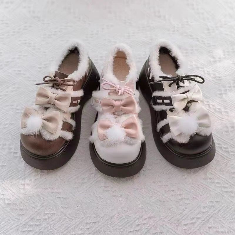 รองเท้าบอร์ดรองเท้าสีขาวพื้นหนาสไตล์ญี่ปุ่นฤดูหนาวน่ารัก
