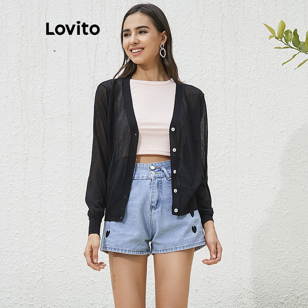 ภาพหน้าปกสินค้าLovito เสื้อสเวตเตอร์ ผ้าเรย่อน คอวี สีพื้น L02090 (Black/White)