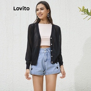 สินค้า Lovito เสื้อสเวตเตอร์ ผ้าเรย่อน คอวี สีพื้น L02090 (Black/White)