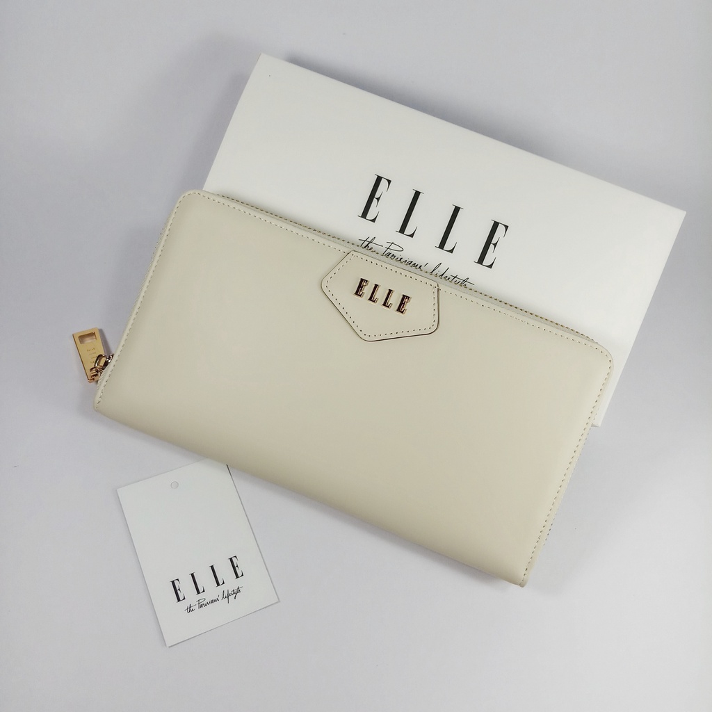 elle-bag-กระเป๋าสตางค์ผู้หญิงใบยาวซิปรอบ-สีขาวครีม-ใบใหญ่-หนังเรียบ-อะไหล่สีทอง