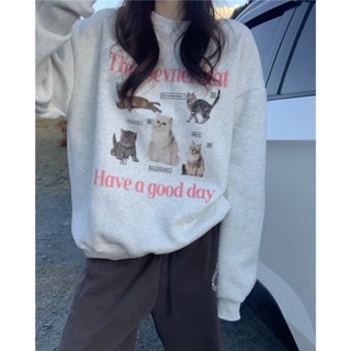 have a night day Korean style new cute cat print sweater Autumn new simple loose long-sleeved top