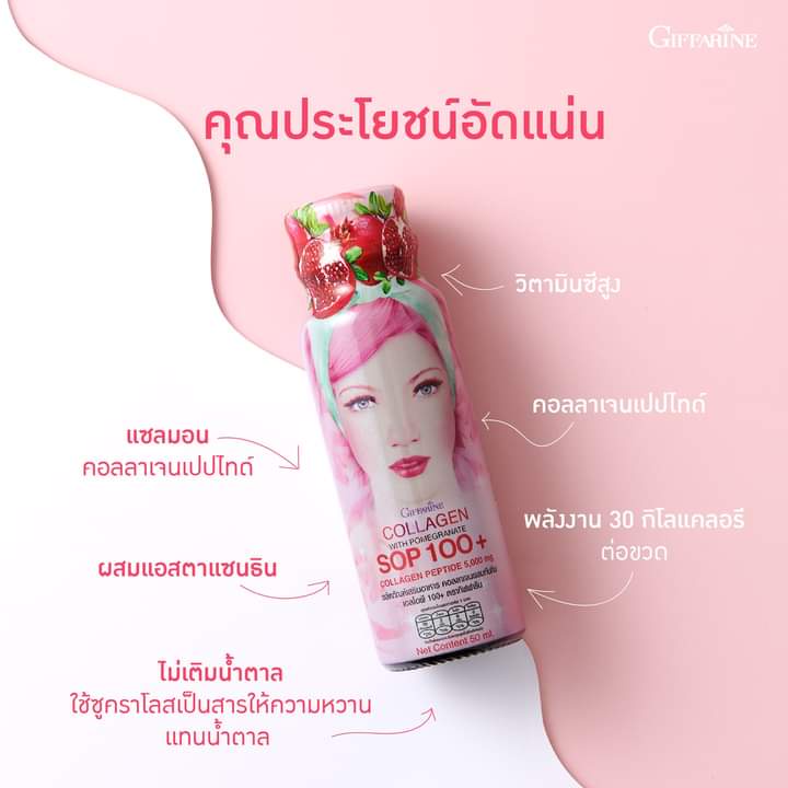 คอลลาเจน-กิฟฟารีน-เครื่องดื่มคอลลาเจนผสมน้ำทับทิม-ตรา-กิฟฟารีนเอสโอพี-100-และ-คอลลาเจน-เปปไทด์-5-000-mg