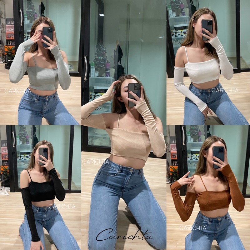 carichta-winky-crop-glitter-เสื้อครอป-ปาดไหล่แขนยาว-เสื้อวิ้งๆ-เสื้อกลิตเตอร์-สายเดี่ยว