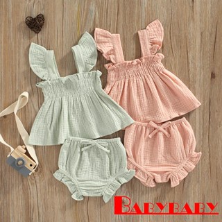 Babybaby- เสื้อคอสี่เหลี่ยม แขนพอง สีพื้น พร้อมกางเกงขาสั้น แต่งระบาย แฟชั่นฤดูร้อน สําหรับเด็กผู้หญิง อายุ 0-3 ปี