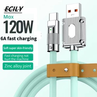 Ecily 120W 6A Super Fast Charge Type C LED สายเคเบิลซิลิโคน ชาร์จเร็ว สายเคเบิล USB สําหรับสายชาร์จ USB C