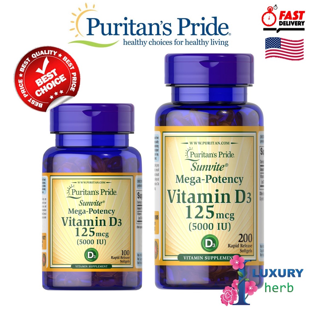 ภาพหน้าปกสินค้าpuritan's pride vitamin D3 125 mcg (5000 iu) 200/100 softgels