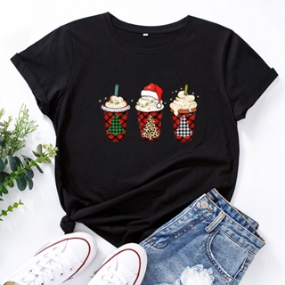 ⚡️ พร้อมส่ง⚡️ Summer Graphic Women Casual T-shirts Vintage Female Regular Short Sleeve Christmas Three Ice-cream