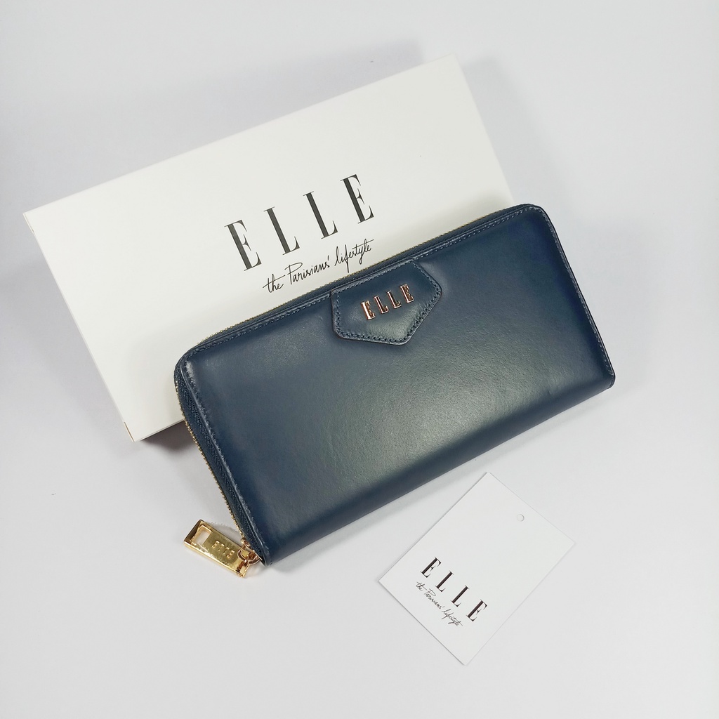 elle-bag-กระเป๋าสตางค์ผู้หญิงใบยาว-ซิปรอบ-สีน้ำเงินกรมท่า-หนังแท้หนังเรียบ-อะไหล่ทอง