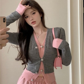 Ey_shop688#พร้อมส่ง✨1478#เสื้อเกาหลีผ้าไหมพรมแขนยาวดีเทลทรง2ชั้น#เสื้อคอวีกระดุมหน้า7เม็ด✨