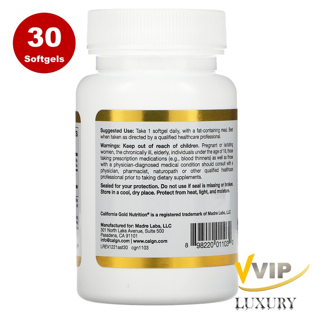 ภาพสินค้าCalifornia Gold Nutrition Astaxanthin 12 mg pure icelandic Astraxanthin 30/120 softgels จากร้าน vvipluxury บน Shopee ภาพที่ 3