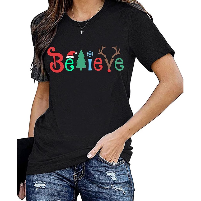 believe-christmas-t-shirts-women-christmas-graphic-t-shirts-believe-letter-print-tees-holiday-tops-dw412เสื้อยืดผู้หญิง