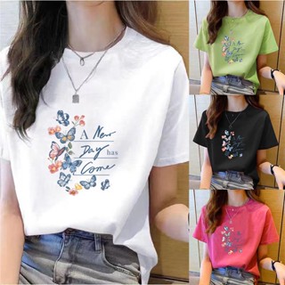 เสื้อยืด คอกลม แขนสั้น พิมพ์ลายผีเสื้อ ทรงหลวม โอเวอร์ไซซ์ แฟชั่นเกาหลี สําหรับผู้หญิง