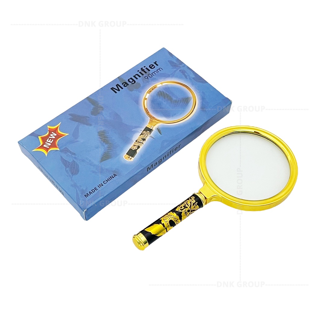 แว่นขยาย-แว่นขยายอ่านหนังสือ-แว่นขยายด้ามจับ-แว่นขยายด้ามลายมังกร-magnifier-gold-90-50-mm