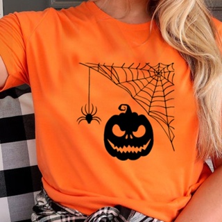 🌟เสื้อยืดฮาโลวีน Vintage T Shirt Women Halloween Graphic Witch Streetwear Outfits Orange Korean Tshirts Female Pumpki