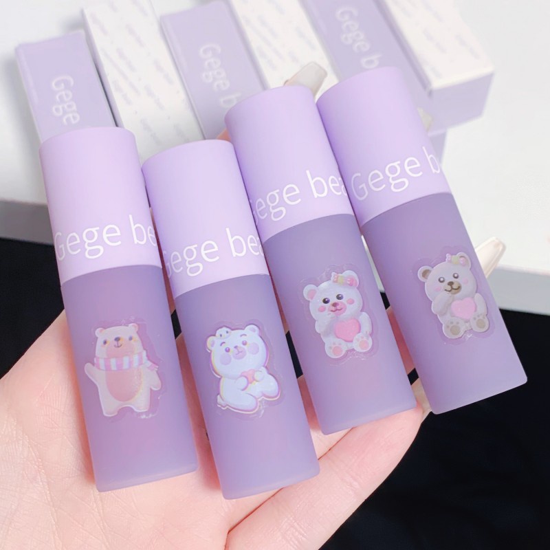 ลิปกลอส-gege-bear-gloss-lip-matte-liquid-lipstick-ฉ่ำวาว-ติดทนนาน-กันน้ำ-ลิปสติก-gege-bear-หลอดสีม่วง