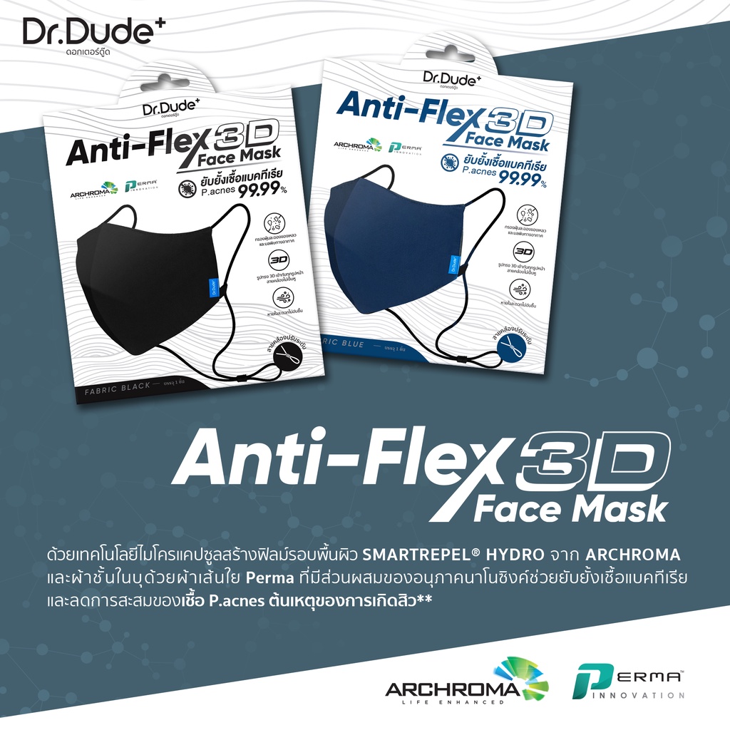 โค้ดส่วนลด-dr-dude-anti-flex-3d-face-mask-รุ่นปกป้อง-2-เท่า-ด้วย-filter-ของเหลวและยับยั้งเชื้อแบคทีเรีย-p-acne-99-99