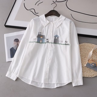 C26✜⊕ต้นฤดูใบไม้ร่วง สินค้าใหม่ งานปัก วรรณกรรม ฝ้าย เสื้อแขนยาว สีขาว หญิง สไตล์เกาหลี เรียบง่าย เข้าได้ทั้งหมด เสื้อสไ