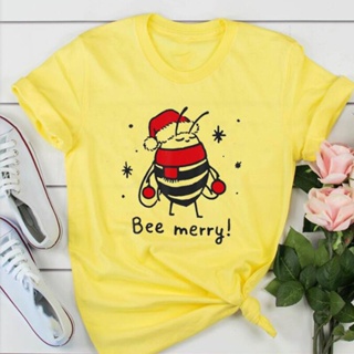 ⚡️ พร้อมส่ง⚡️ Bee Merry Christmas T-shirt Women Funny Graphic Girls T Shirts Causal Short Sleeve Kawaii