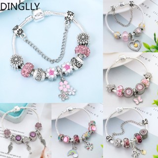 Dinglly สร้อยข้อมือลูกปัด รูปหัวใจ ดอกไม้สีชมพู ผีเสื้อ สําหรับผู้หญิง DIY สีเงิน สร้อยข้อมือลูกปัด