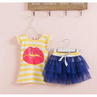 Dress-379 ชุดเสื้อ+กระโปรง สีเหลืองน้ำเงิน Kiss Size-100 (3-4Y)