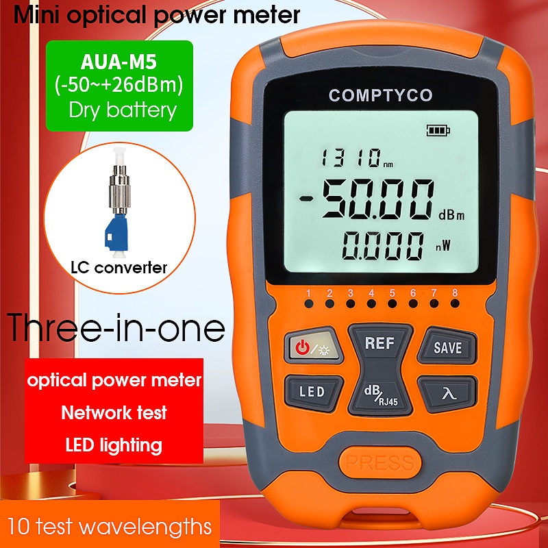 comptyco-3-in-1-ftth-เครื่องวัดพลังงานแสงเบอร์ออปติก-aua-m5-m7-ไฟ-led-sc-fc-st-เชื่อมต่อทั่วไป-50-26dbm-optical-power-meter